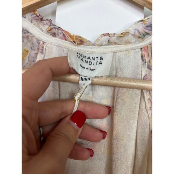 NWT Hemant and Nandita White Silver Gold Chiffon Lurex Floral Boho Midi Dress - Picture 7 of 9